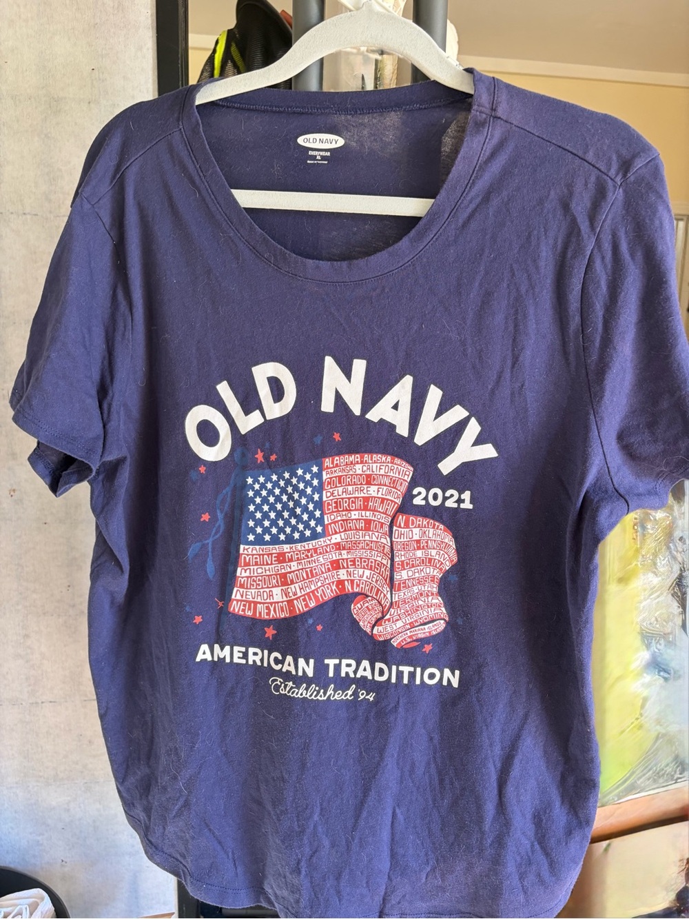 Old Navy Navy Blue Short-Sleeve Graphic Tee with Red & White Flag Design